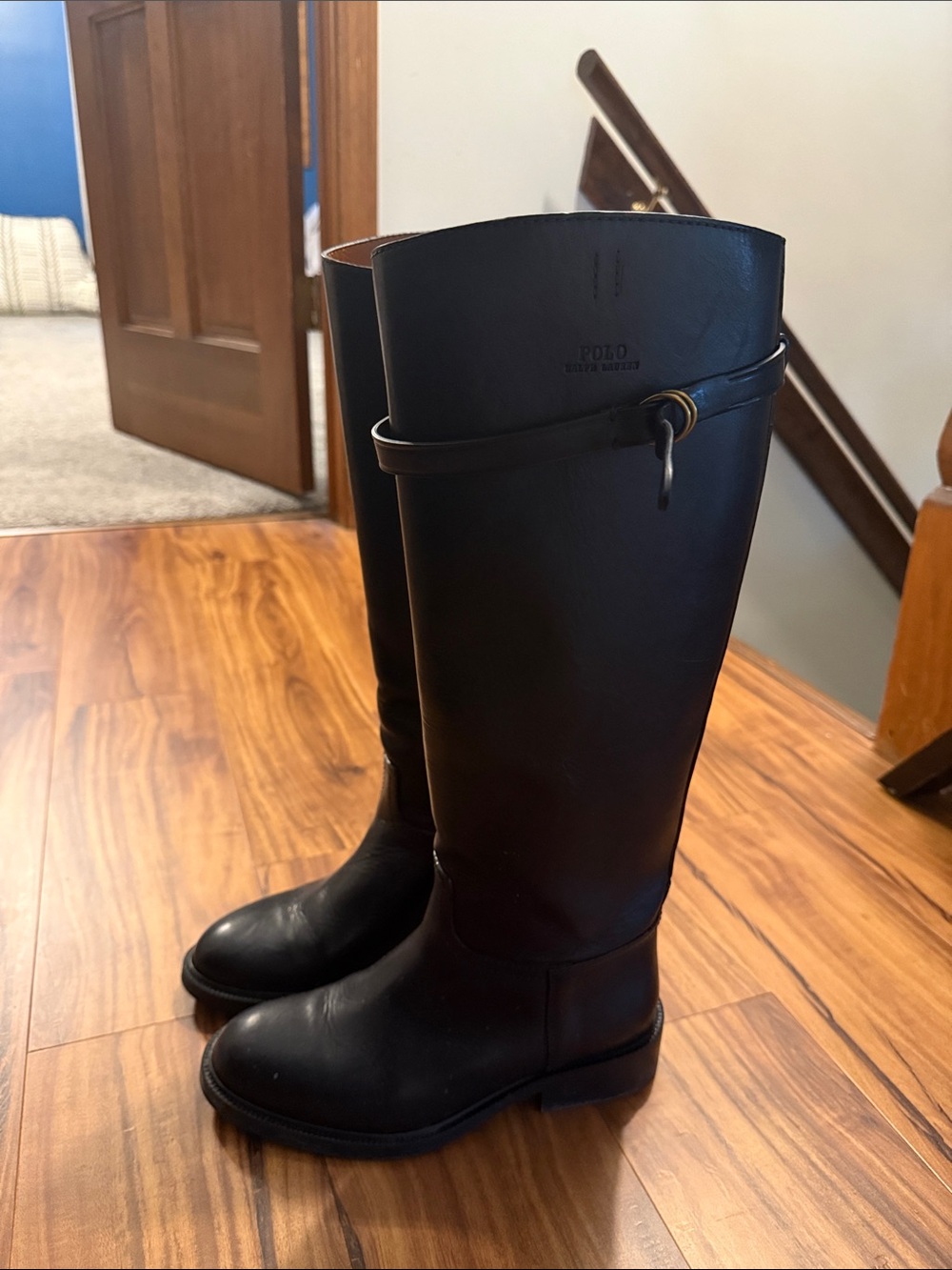 Polo by Ralph Lauren Black Tall Leather Riding Boots with Strap Detail